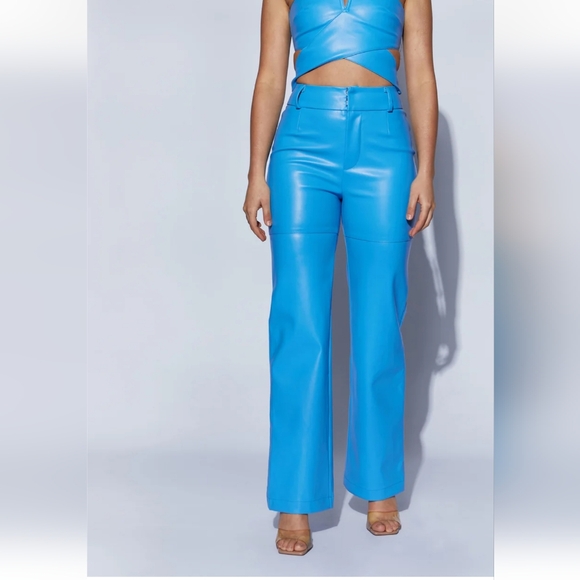 MESHKI - Sima Faux Leather High Waist Pants, Azure Blue - Picture 3 of 7